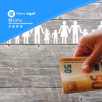 Mano con banconota da 50 euro e famiglia in silhouette, simbolo di assegno divorzile e sostentamento familiare