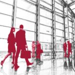 Silhouette di professionisti con documenti in cantiere edile, tema mutui e finanziamenti costruzione